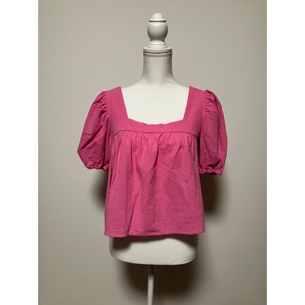 Day + Moon Women Puff Sleeve Babydoll Top M Pink Cotton Square Neck Crop A1173